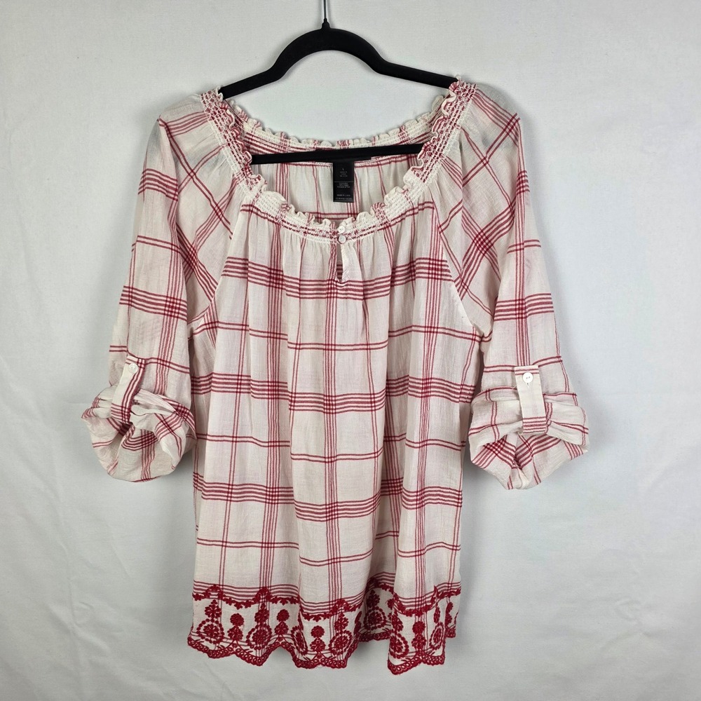 Ali‎ Miles Red White Plaid Embroidered Peasant Blouse Top Womens Large L Cotton